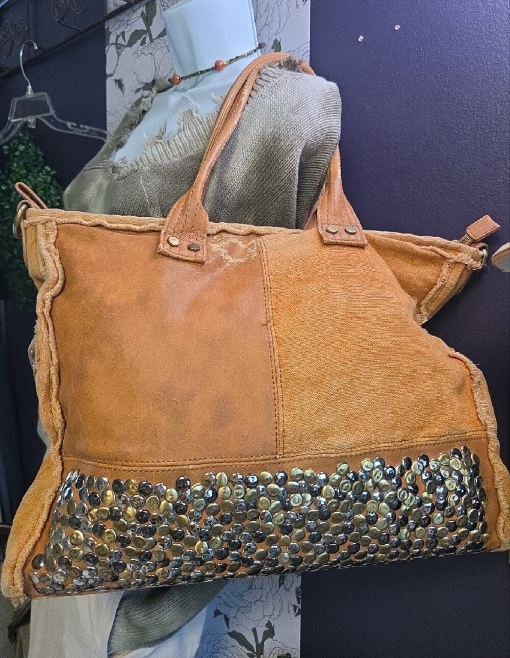 Antik Kraft Studded Canvas & Leather Tote in Tan